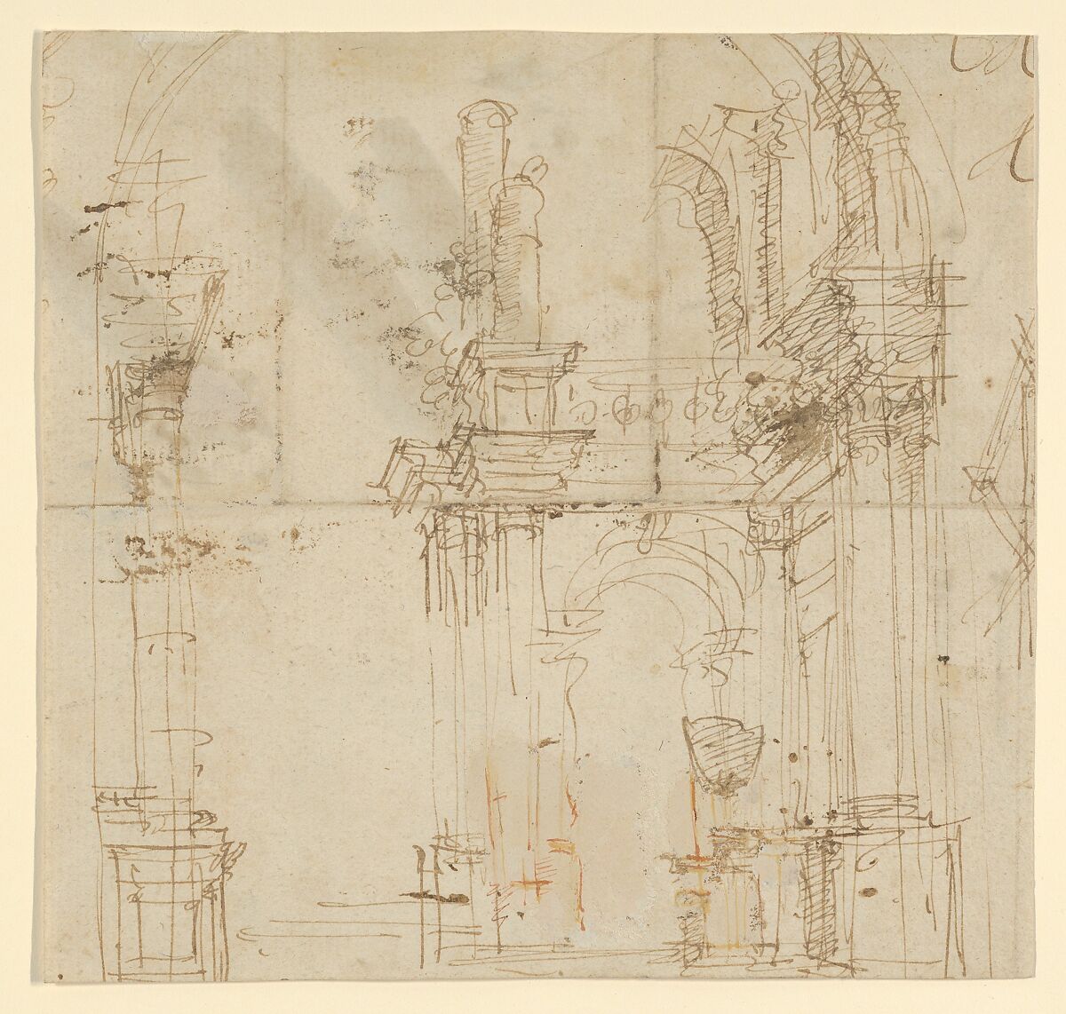 Architectural drawing of arches, Anonymous, Italian  , 18th century, pen and brown ink (recto), pen and dark brown ink, verso 