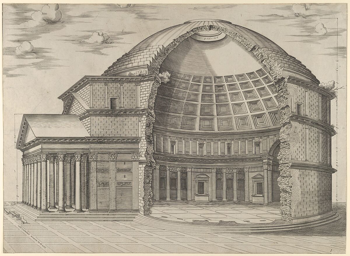 Reconstruction of the Pantheon in Rome, seen from the side, cut away to reveal the interior, Anonymous, Engraving 