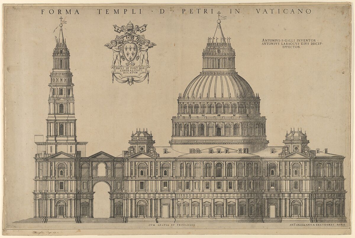 Antonio da Sangallo's project for St Peters, plan of the façade extended to the left with a tower, After Antonio da Labacco (Italian, near Vigevano ca. 1495–after 1567), Engraving 
