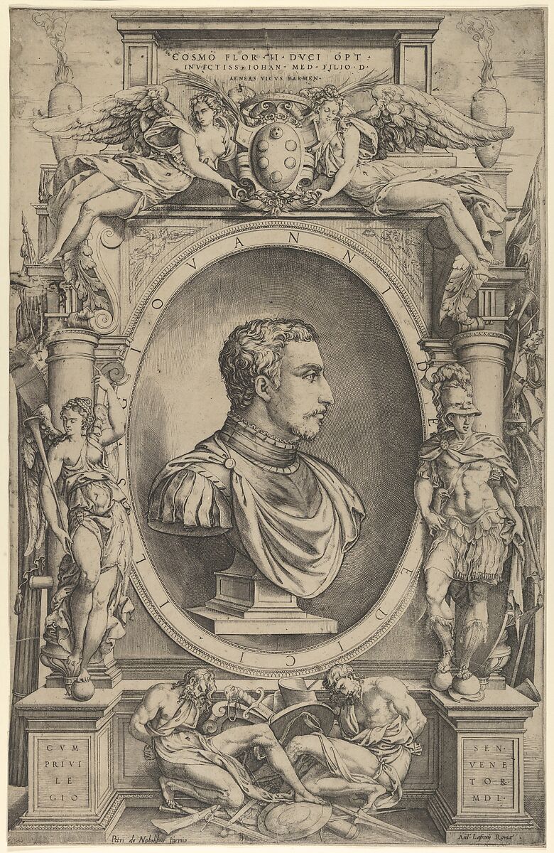 Portrait of Giovanni de' Medici facing right within an elaborate cartouche flanked by Victory at the left and Mars at right, winged figures holding Medici coat of arms top center, Enea Vico (Italian, Parma 1523–1567 Ferrara), Engraving 