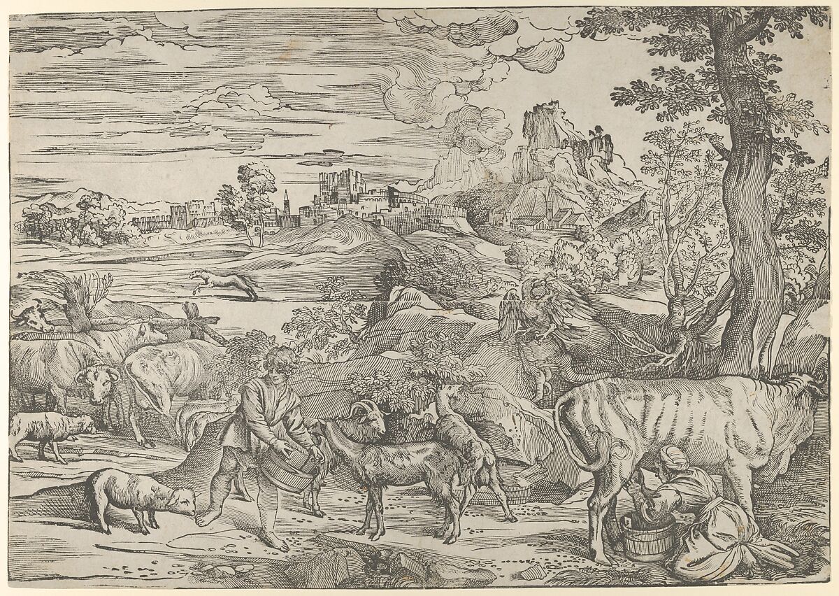 Landscape with a milkmaid at right and a boy at left, Nicolò Boldrini (Italian, Vicenza ca. 1500–after 1566 Venice), Woodcut 