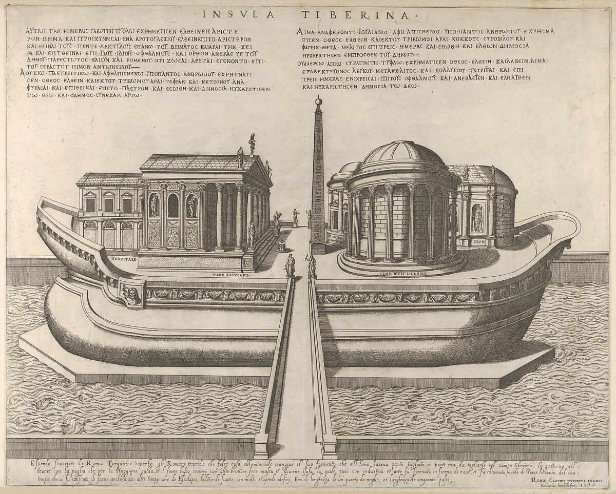 View of the Tiber Island represented as a ship, the Temple of Aesculapius at left, Giovanni Ambrogio Brambilla (Italian, active Rome, 1575–99), Engraving and etching 
