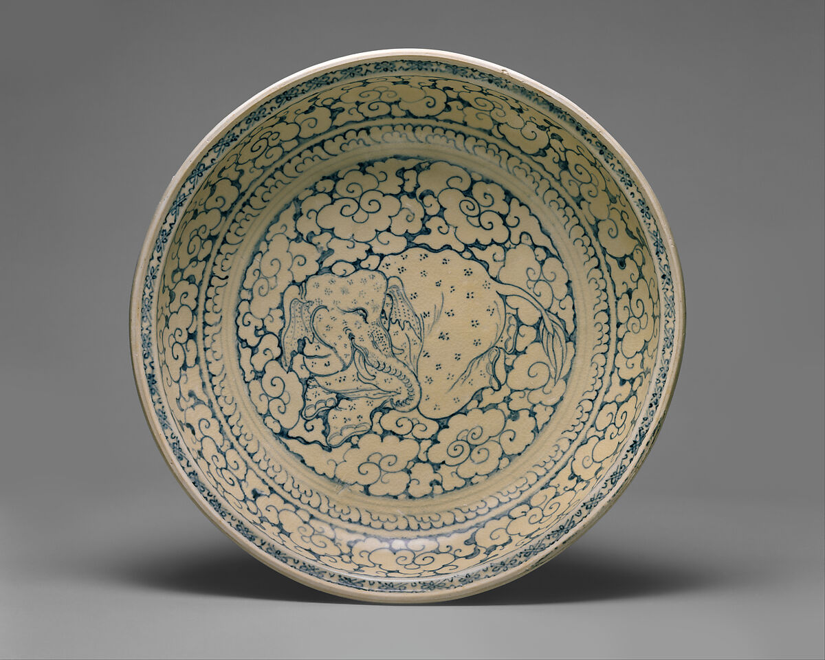 Dish with Recumbent Elephant Surrounded by Clouds, Stoneware with underglaze cobalt-blue decoration, Vietnam 