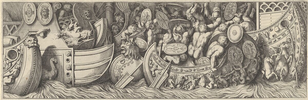 Plate 7: a battle taking place between men in boats, Pietro Santi Bartoli (Italian, Perugia 1615–1700 Rome), Etching 