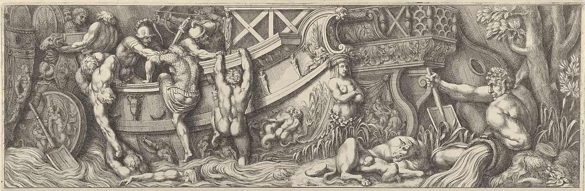Plate 8: battle between soldiers on a boat and naked men trying to climb in, a river god at right, Pietro Santi Bartoli (Italian, Perugia 1615–1700 Rome), Etching 