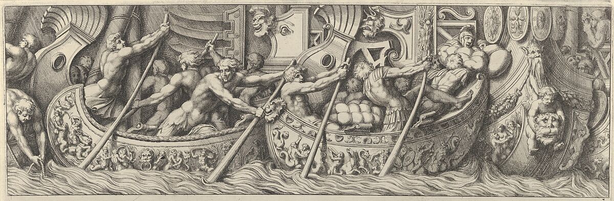 Plate 6: figures in boats decorated with mythological subjects using poles to propel them, Pietro Santi Bartoli (Italian, Perugia 1615–1700 Rome), Etching 