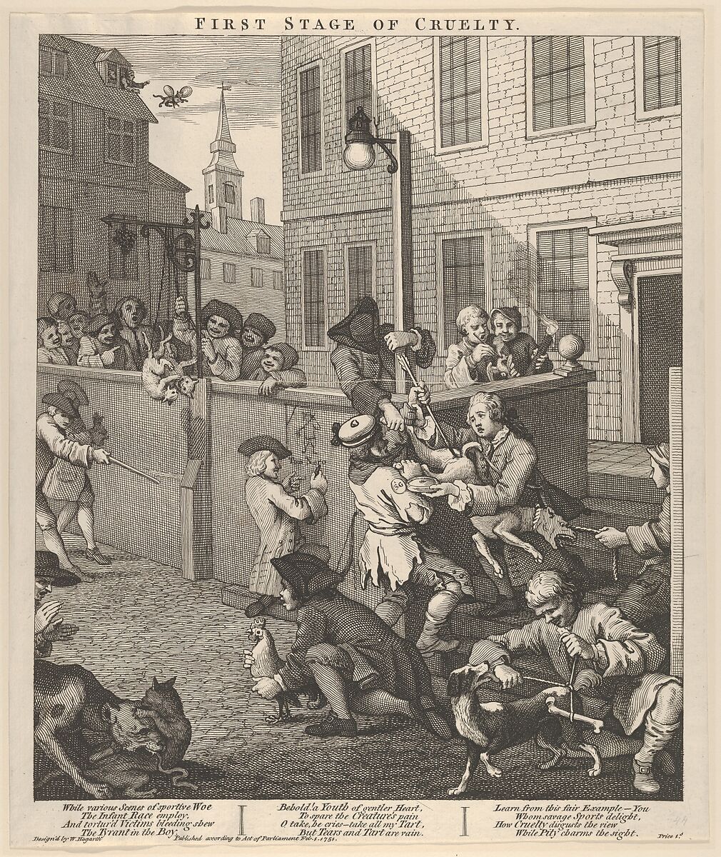 The First Stage of Cruelty (The Four Stages of Cruelty), William Hogarth (British, London 1697–1764 London), Etching and engraving; first state of two 