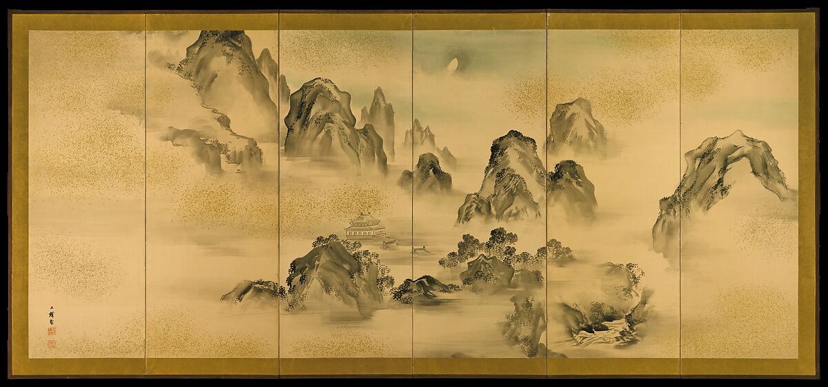 The Poet Li Bo's Visit to Mount Emei, Shiokawa Bunrin (Japanese, 1808–1877), Pair of six-panel folding screens; ink and gold on paper, Japan