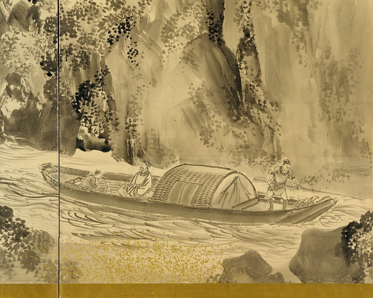 The Poet Li Bo's Visit to Mount Emei, Shiokawa Bunrin (Japanese, 1808–1877), Pair of six-panel folding screens; ink and gold on paper, Japan