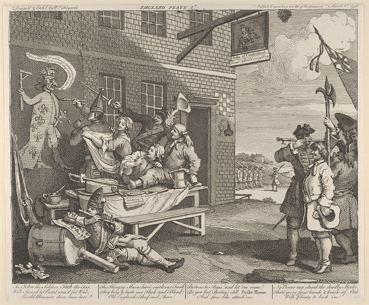The Invasion, Plate 2: England, William Hogarth (British, London 1697–1764 London), Etching; third state of three 