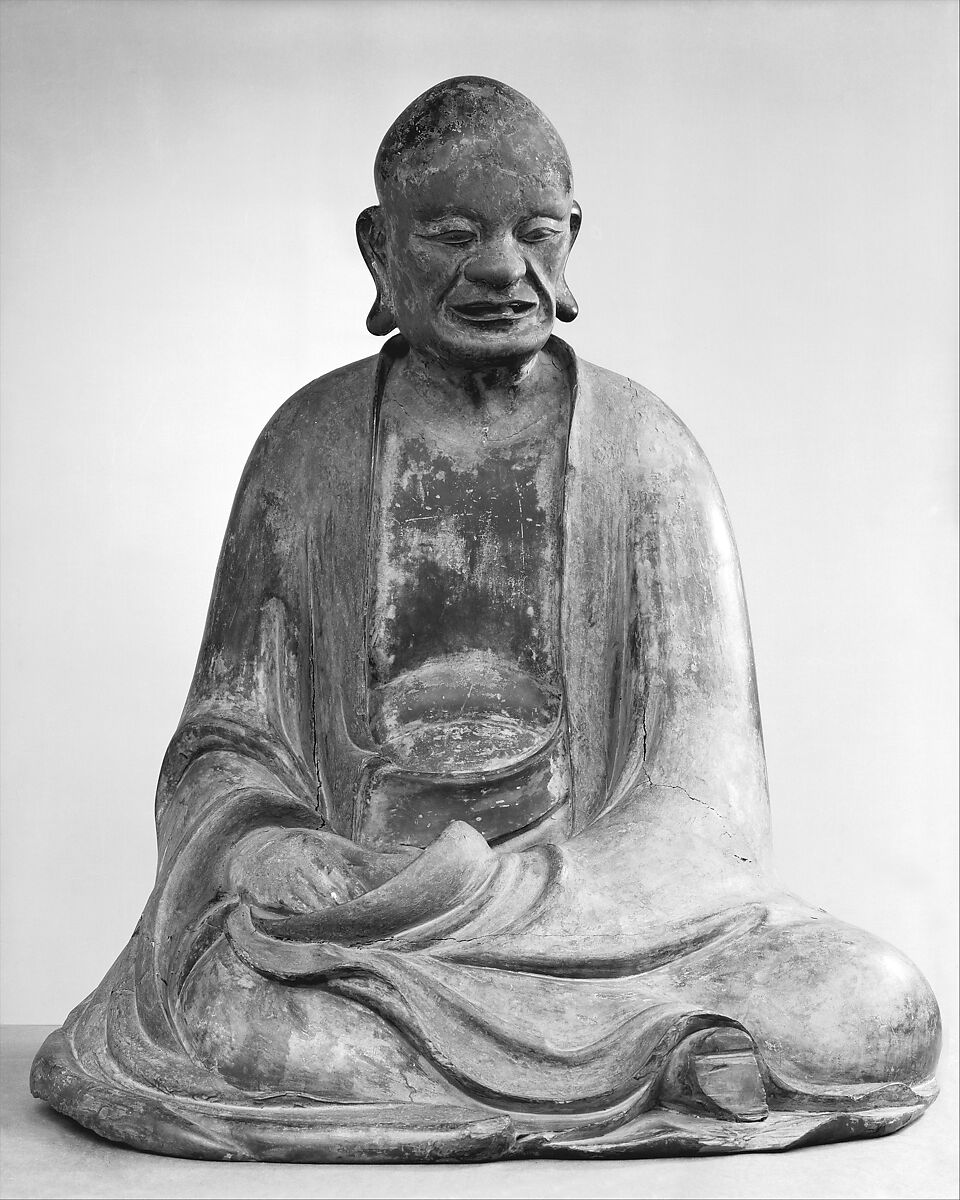 Seated Arhat, Shōun Genkei (Japanese, 1648–1710), One of a set of five hundred; wood with lacquer, color, and gold leaf, Japan