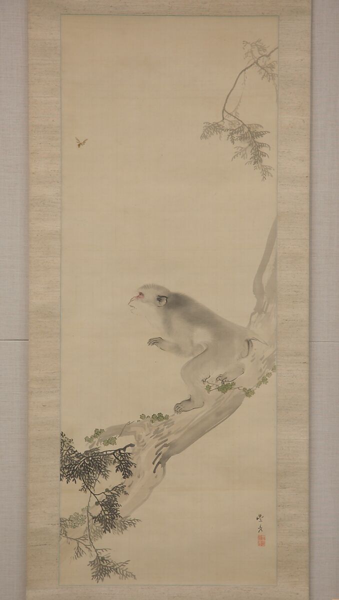 Monkey and Bee, Okamoto Toyohiko (1773–1845), Hanging scroll; ink and color on silk, Japan 