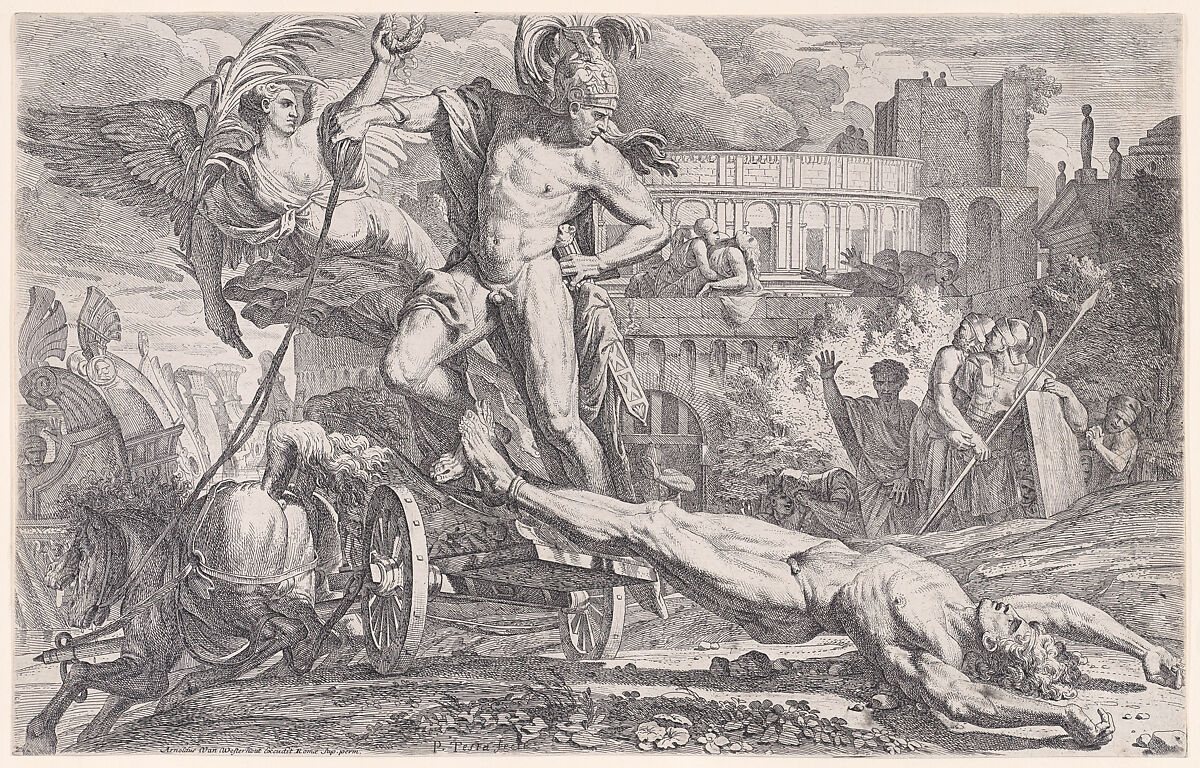 Achilles dragging the body of Hector around the walls of Troy, Pietro Testa (Italian, Lucca 1612–1650 Rome), Etching 