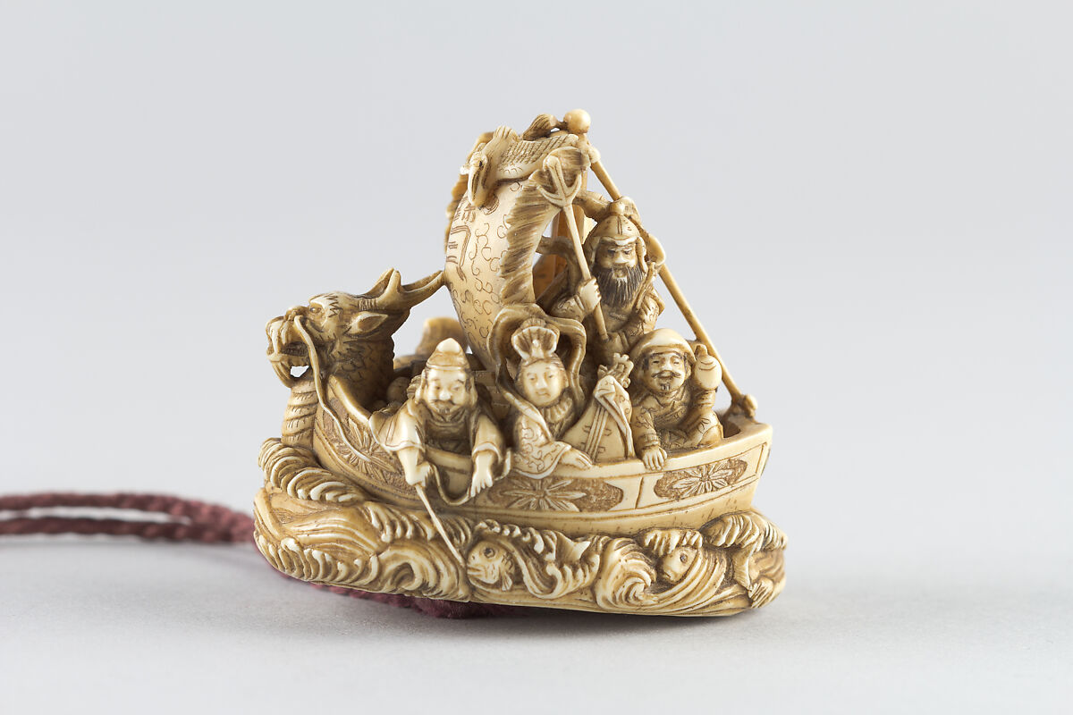 Netsuke of Boat with the Seven Gods of Good Fortune, Masahiro, Carved ivory, Japan