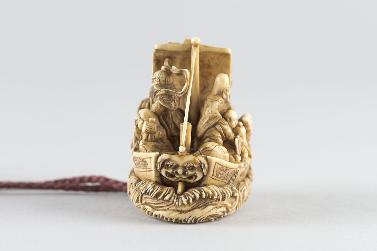 Netsuke of Boat with the Seven Gods of Good Fortune, Masahiro, Carved ivory, Japan