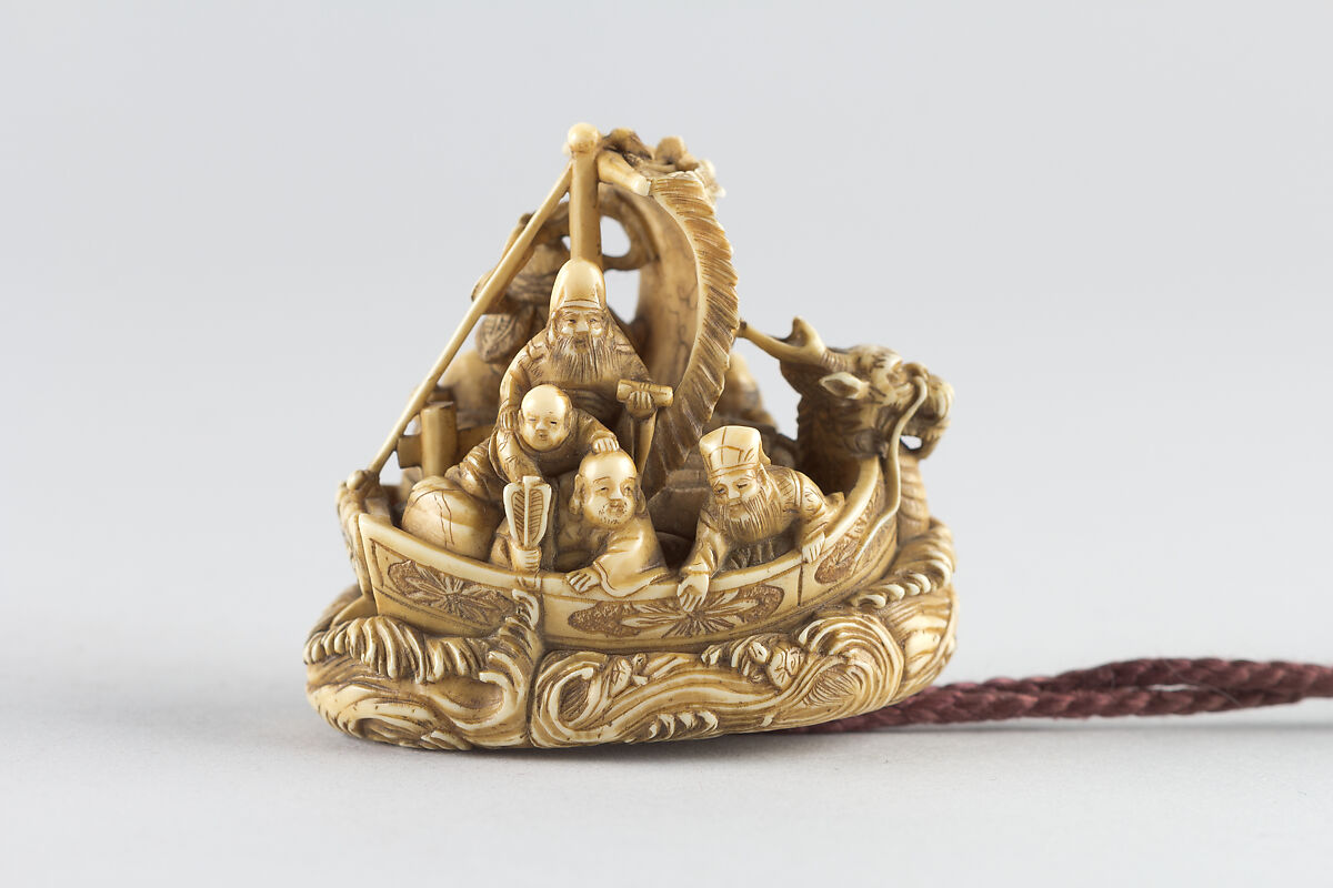 Netsuke of Boat with the Seven Gods of Good Fortune, Masahiro, Carved ivory, Japan 