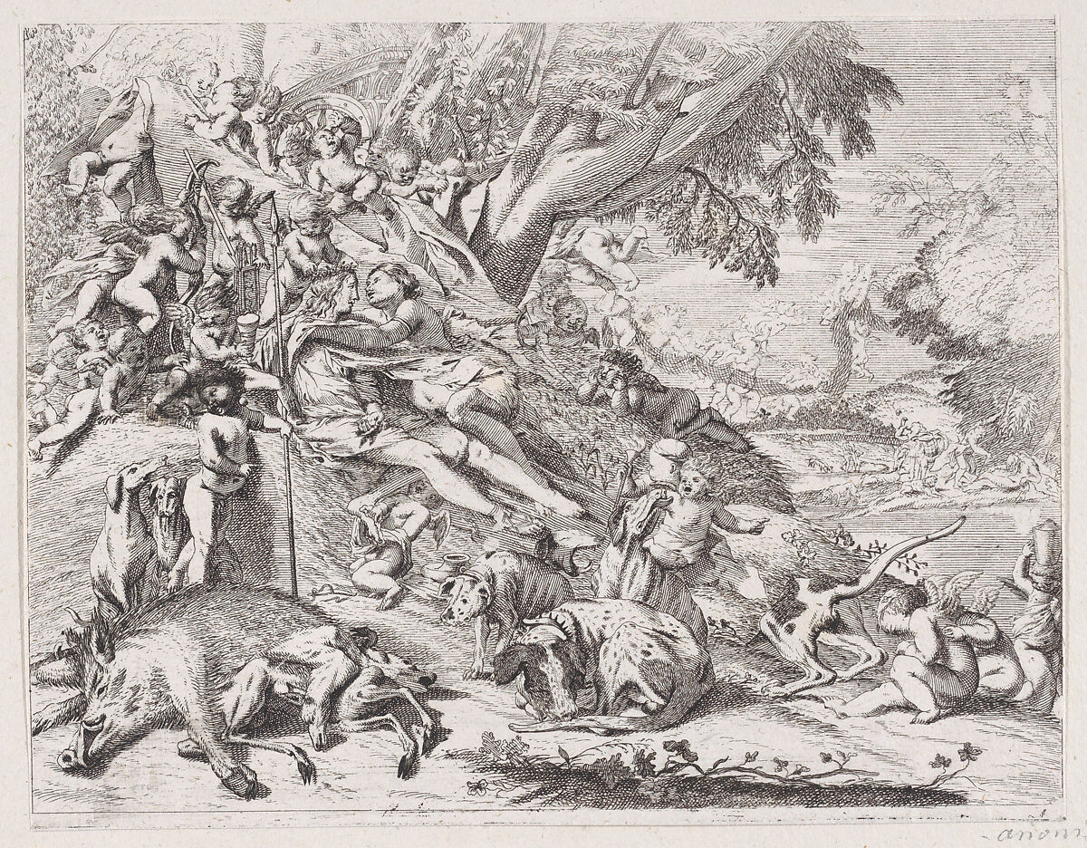 Venus and Adonis embracing after the hunt, Anonymous, 17th century, Etching 