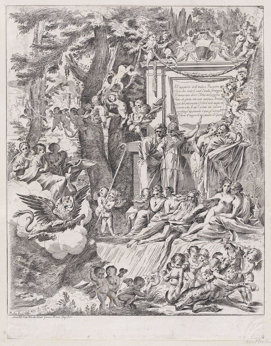 An allegory in honor of the arrival of Cardinal Franciotti as Bishop of Lucca, After Pietro Testa (Italian, Lucca 1612–1650 Rome), Etching 
