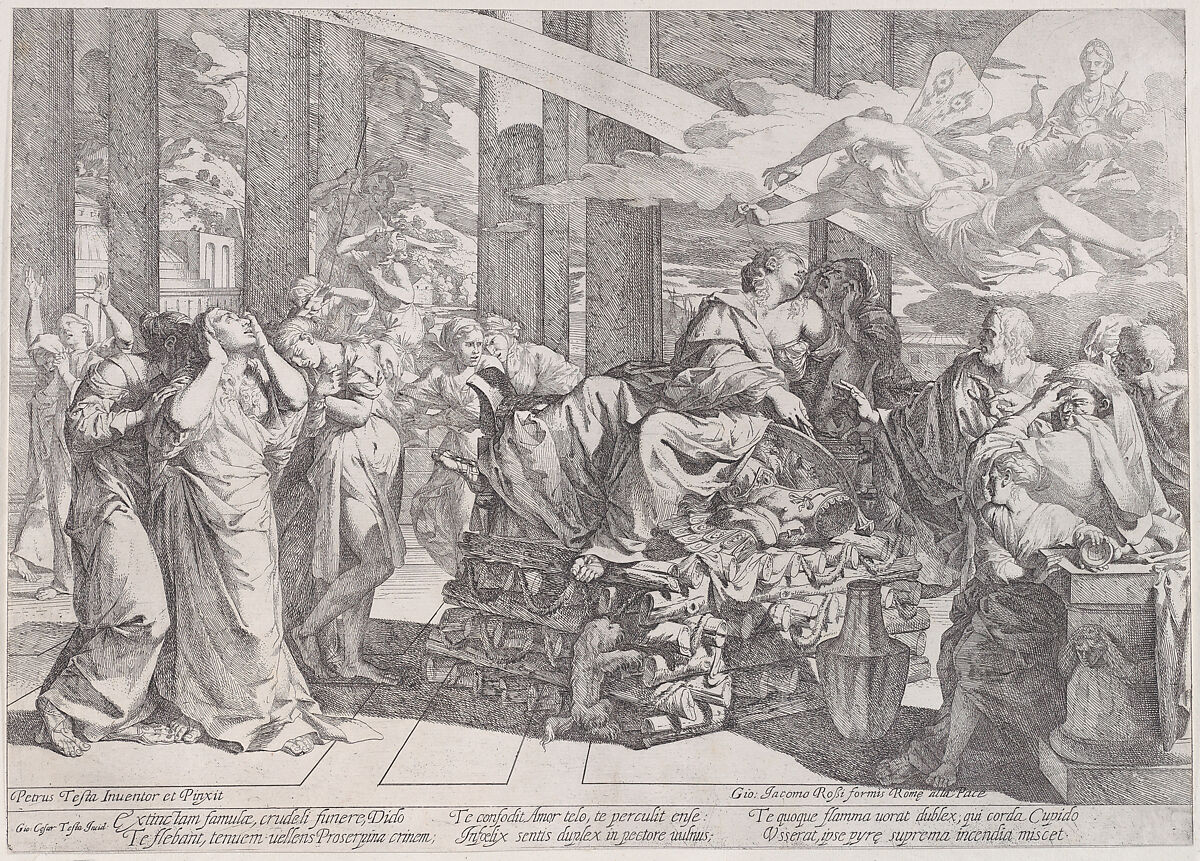 The suicide of Dido who reclines on a pyre in centre, surrounded by many figures, Giovanni Cesare Testa (Italian, ca. 1630–1655), Etching 