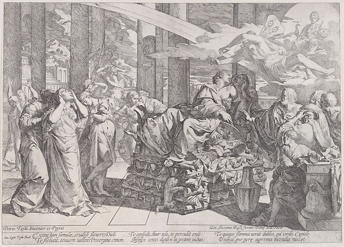 The suicide of Dido who reclines on a pyre in centre, surrounded by many figures