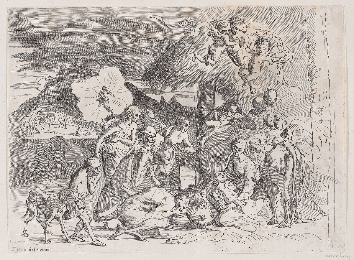 The adoration of the shepherds who gather at left, angels holding a banderole upper right, Anonymous, 18th century, Etching 