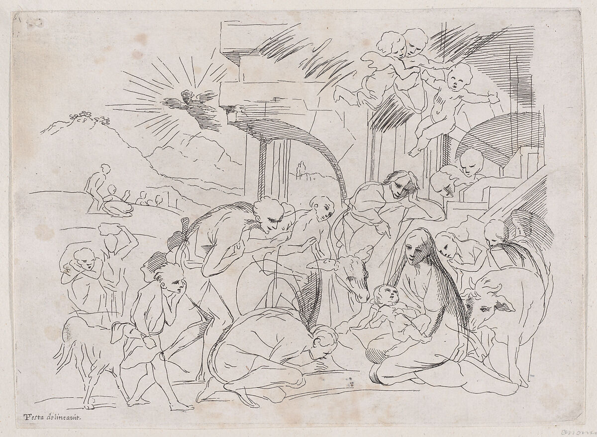 The adoration of the shepherds who gather at left, angels holding a banderole upper right, Anonymous, 18th century, Etching 