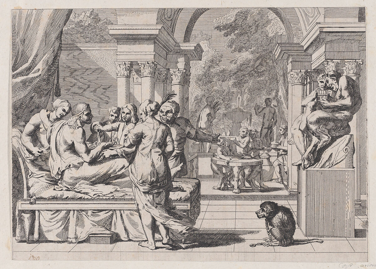 The prodigal son seated on a couch being served wine, revelers in the background, a monkey wearing a collar and chain in the lower right, Anonymous, 17th century, Etching 