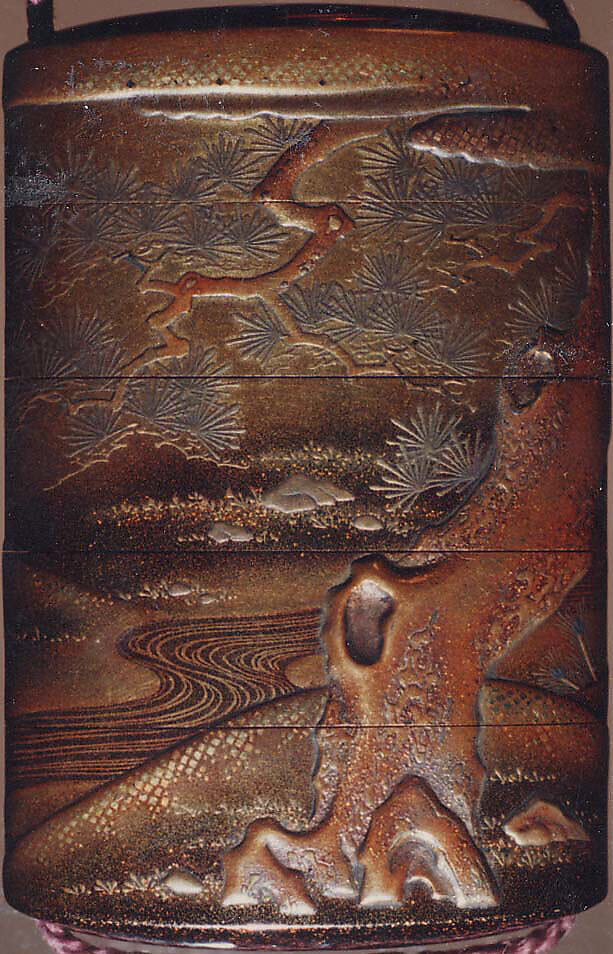 Case (Inrō) with Design of God of Longevity (Jurōjin) and a Small Boy with a Tortoise (obverse); Pine Tree by Stream (reverse), Kakōsai, Gold and nashiji ('pear skin') lacquer with metal inlay and gold, silver, and brown hiramakie sprinkled and polished lacquer; Interior: nashiji and fundame; Ojime: coral bead, Japan