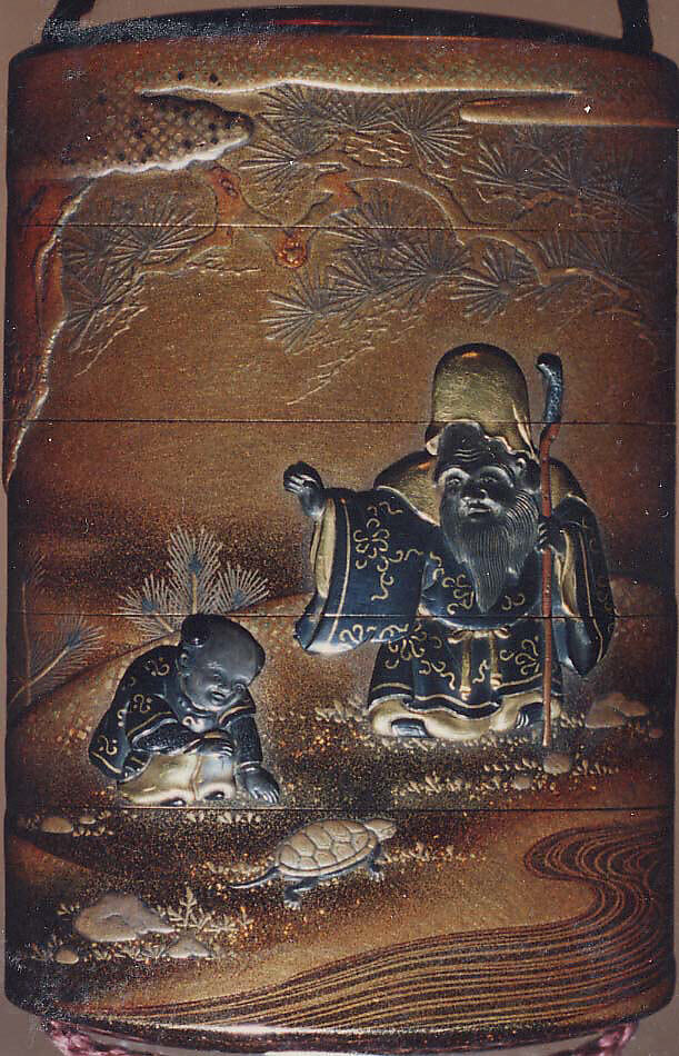 Case (Inrō) with Design of God of Longevity (Jurōjin) and a Small Boy with a Tortoise (obverse); Pine Tree by Stream (reverse), Kakōsai, Gold and nashiji ('pear skin') lacquer with metal inlay and gold, silver, and brown hiramakie sprinkled and polished lacquer; Interior: nashiji and fundame; Ojime: coral bead, Japan