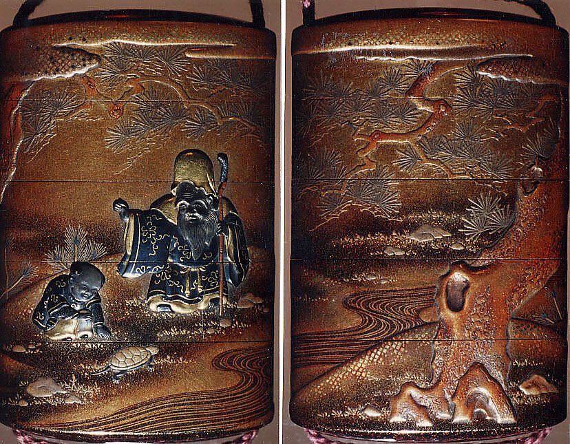 Case (Inrō) with Design of God of Longevity (Jurōjin) and a Small Boy with a Tortoise (obverse); Pine Tree by Stream (reverse), Kakōsai, Gold and nashiji ('pear skin') lacquer with metal inlay and gold, silver, and brown hiramakie sprinkled and polished lacquer; Interior: nashiji and fundame; Ojime: coral bead, Japan