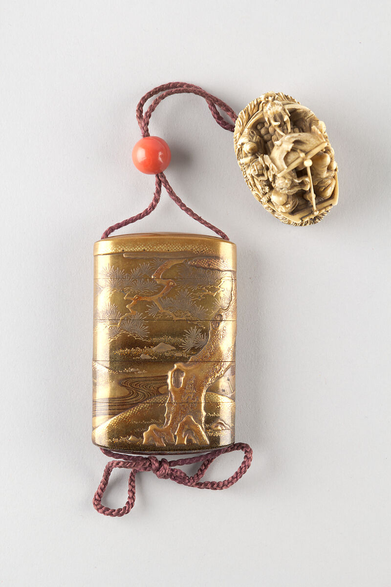 Case (Inrō) with Design of God of Longevity (Jurōjin) and a Small Boy with a Tortoise (obverse); Pine Tree by Stream (reverse), Kakōsai, Gold and nashiji ('pear skin') lacquer with metal inlay and gold, silver, and brown hiramakie sprinkled and polished lacquer; Interior: nashiji and fundame; Ojime: coral bead, Japan