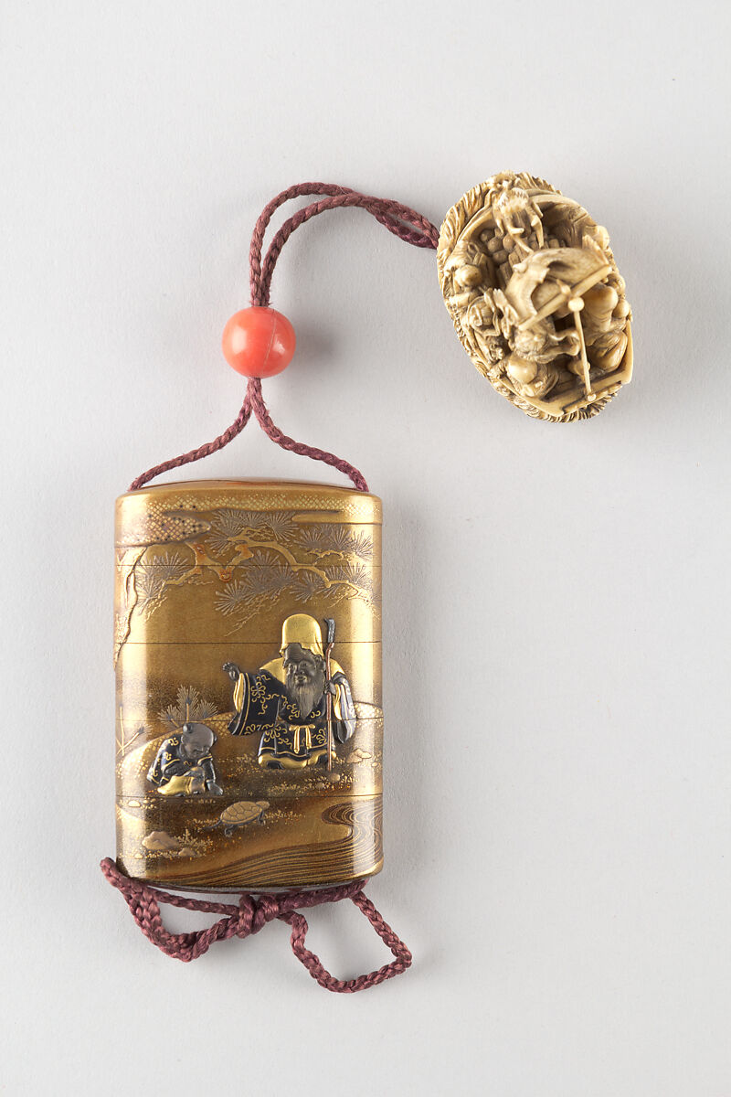 Case (Inrō) with Design of God of Longevity (Jurōjin) and a Small Boy with a Tortoise (obverse); Pine Tree by Stream (reverse), Kakōsai, Gold and nashiji ('pear skin') lacquer with metal inlay and gold, silver, and brown hiramakie sprinkled and polished lacquer; Interior: nashiji and fundame; Ojime: coral bead, Japan 