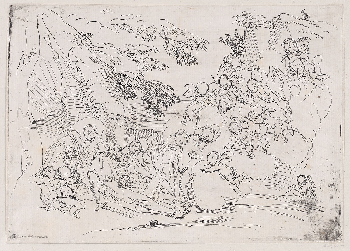 The death of Saint Pellegrino surrounded by many putti, Anonymous, 18th century, Etching 