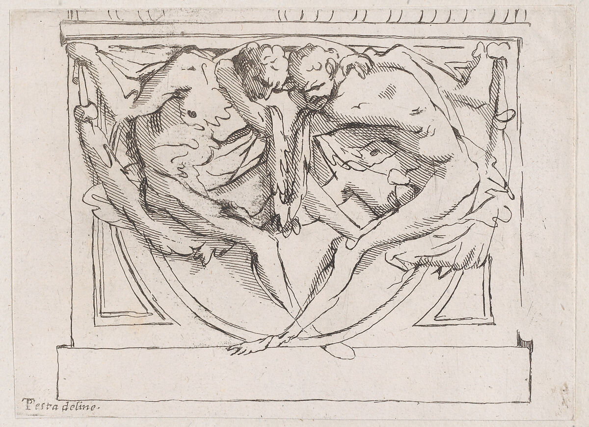 Stucco bas-relief with two male figures, Anonymous, 18th century, Etching 
