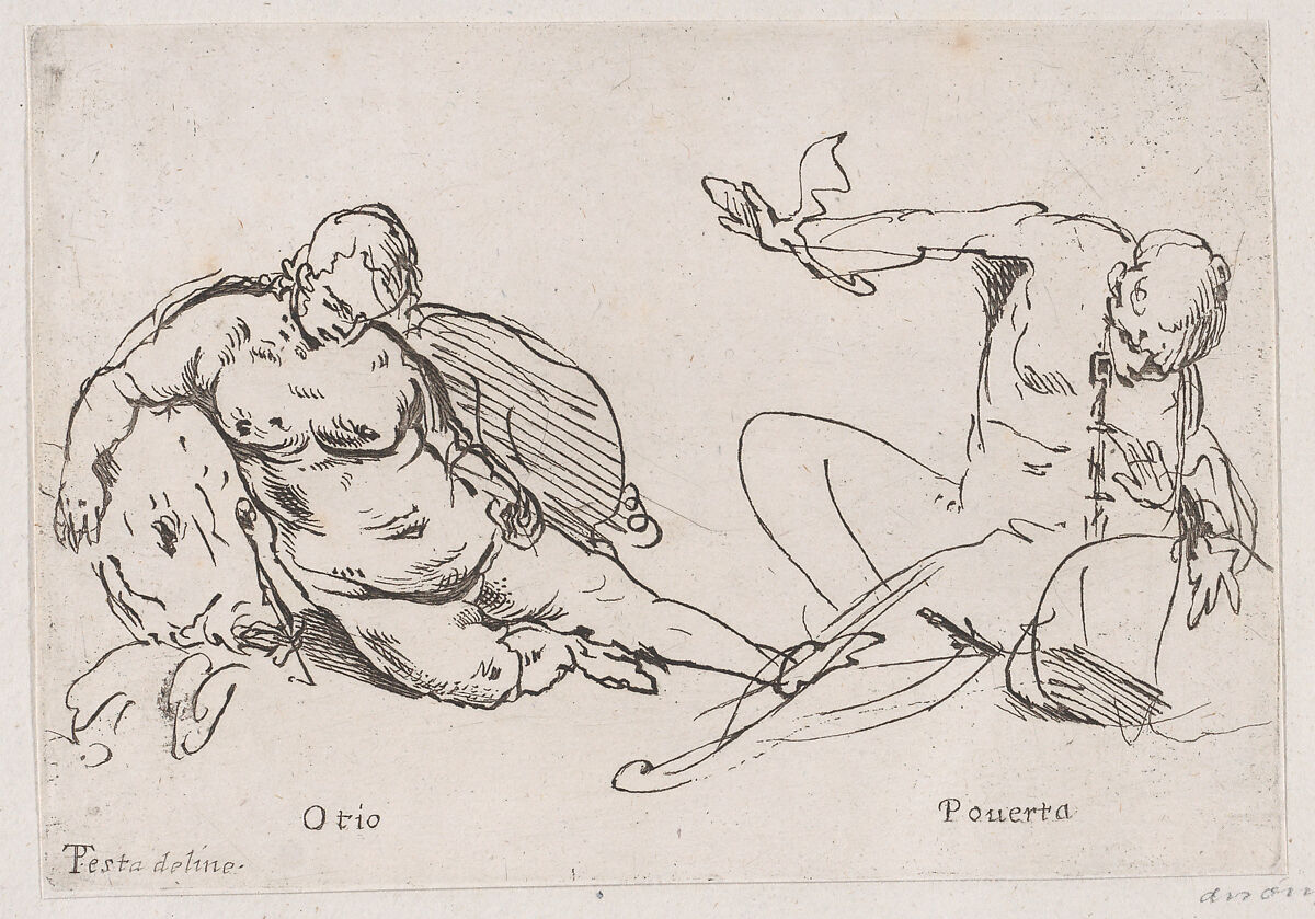 Two figures representing Sloth and Poverty, Anonymous, 18th century, Etching 