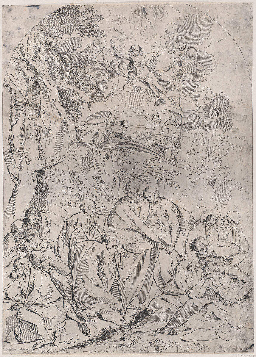Saint Peter standing in the centre surrounded by Apostles distraught at the death of Christ who is shown ascending from the tomb in the upper section, François Collignon (French, Nancy ca. 1610–1687 Rome), Etching 