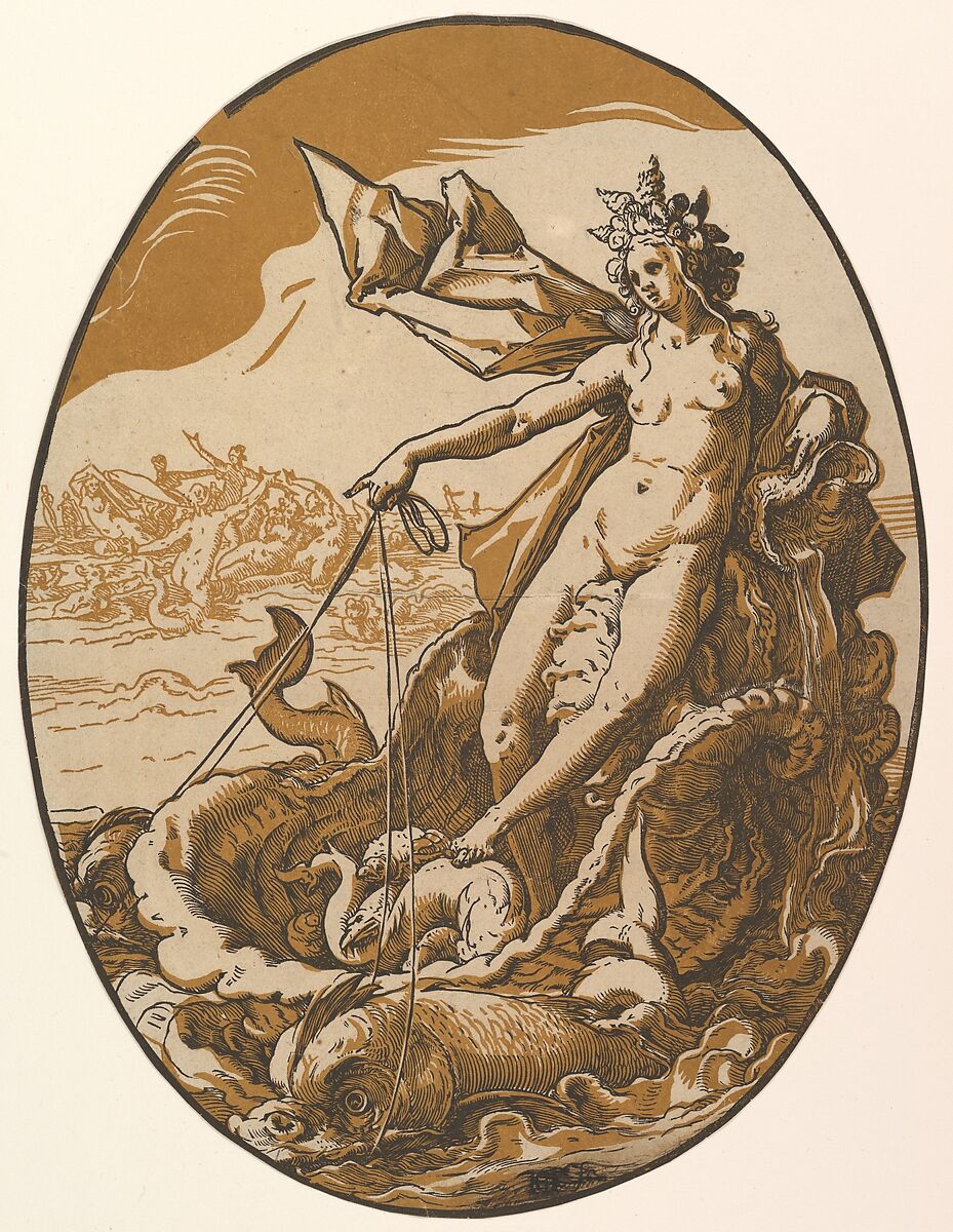 Tethys reclining in a giant shell chariot pulled by two sea creatures, from "The Deities", Hendrick Goltzius (Netherlandish, Mühlbracht 1558–1617 Haarlem), Chiaroscuro woodcut 