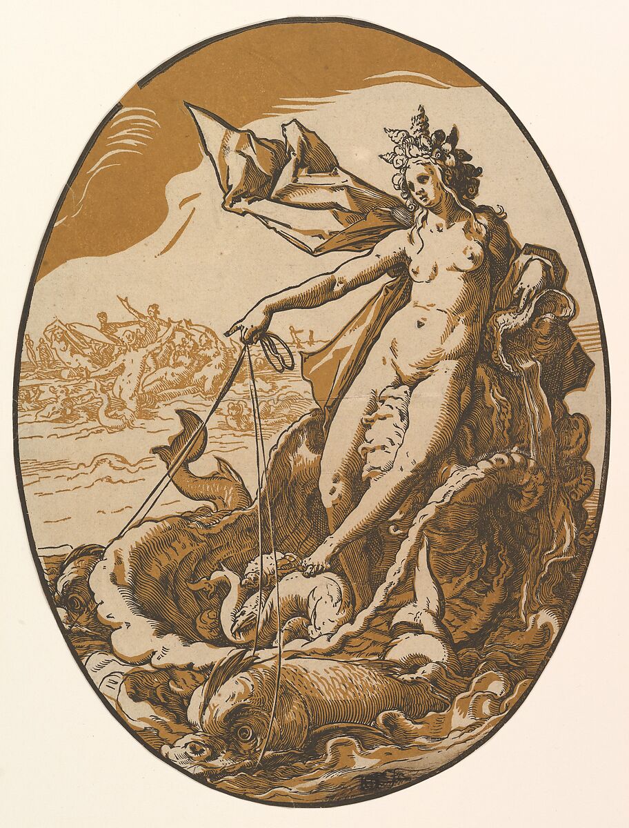 Tethys reclining in a giant shell chariot pulled by two sea creatures, from "The Deities", Hendrick Goltzius (Netherlandish, Mühlbracht 1558–1617 Haarlem), Chiaroscuro woodcut