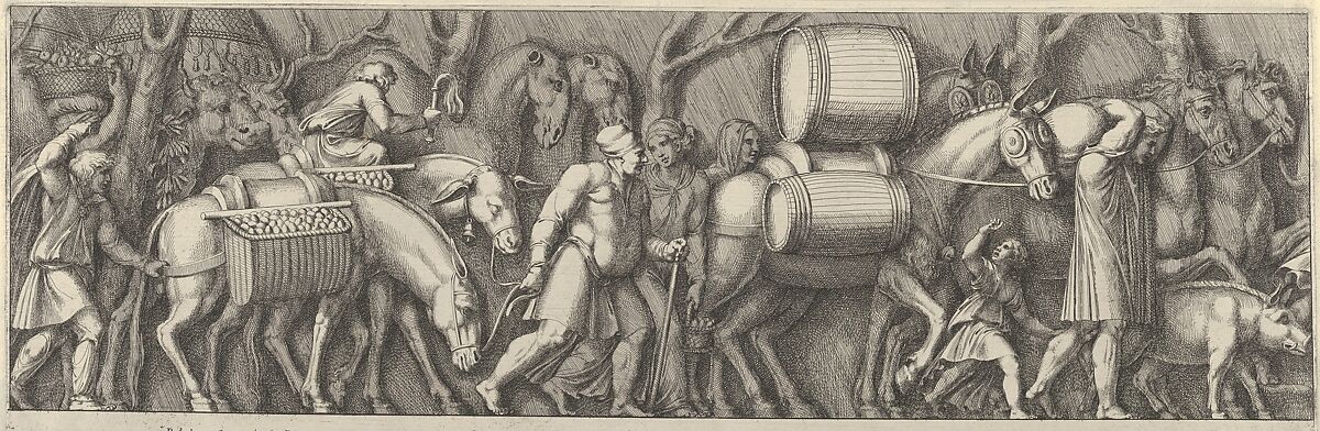 Plate 4: animals transporting goods being led by figures going to the right, Pietro Santi Bartoli (Italian, Perugia 1615–1700 Rome), Etching 