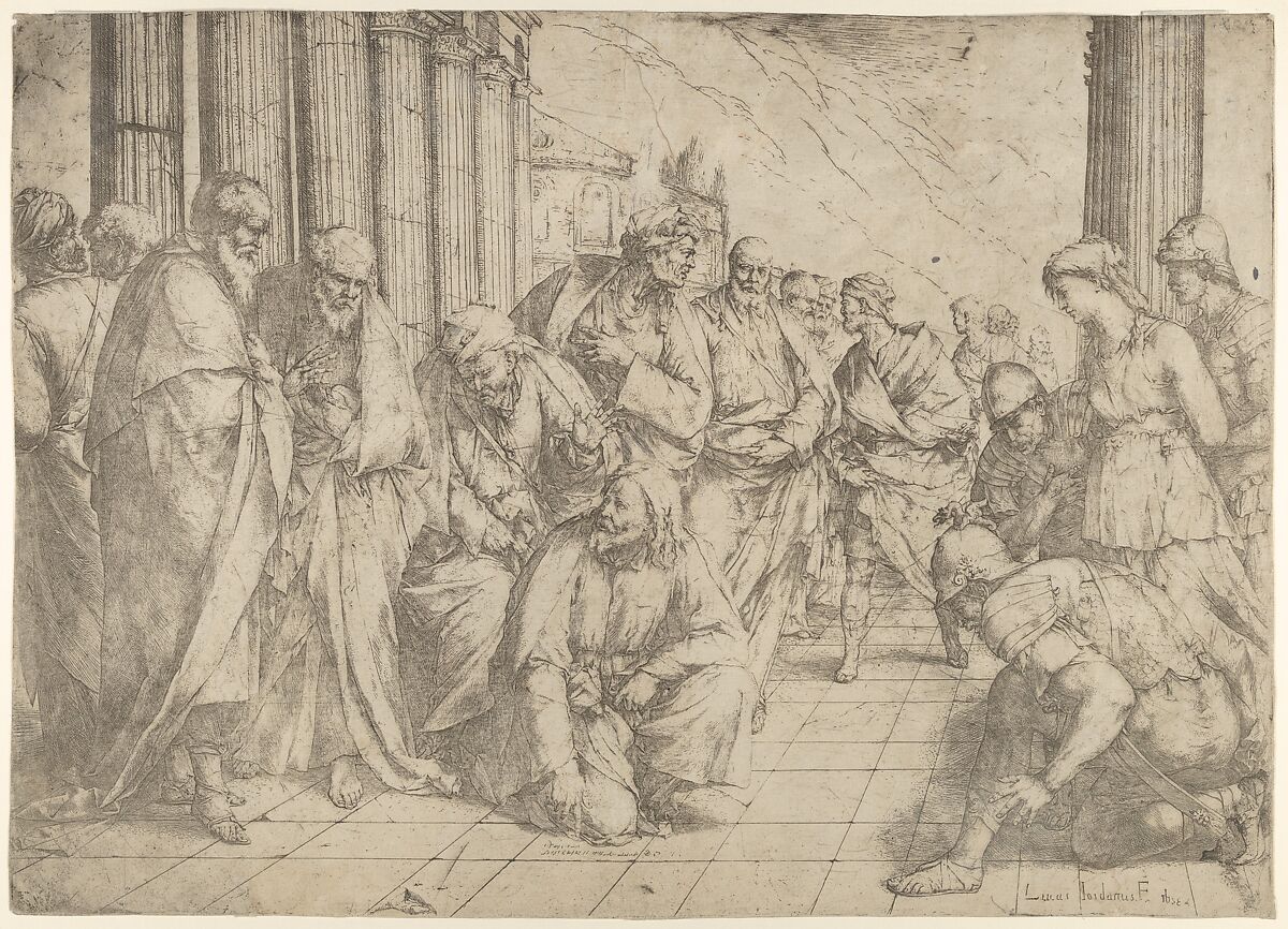 Christ kneels and writes on the pavement at center and a woman taken in adultery by three soldiers at right, Luca Giordano (Italian, Naples 1634–1705 Naples), Etching 