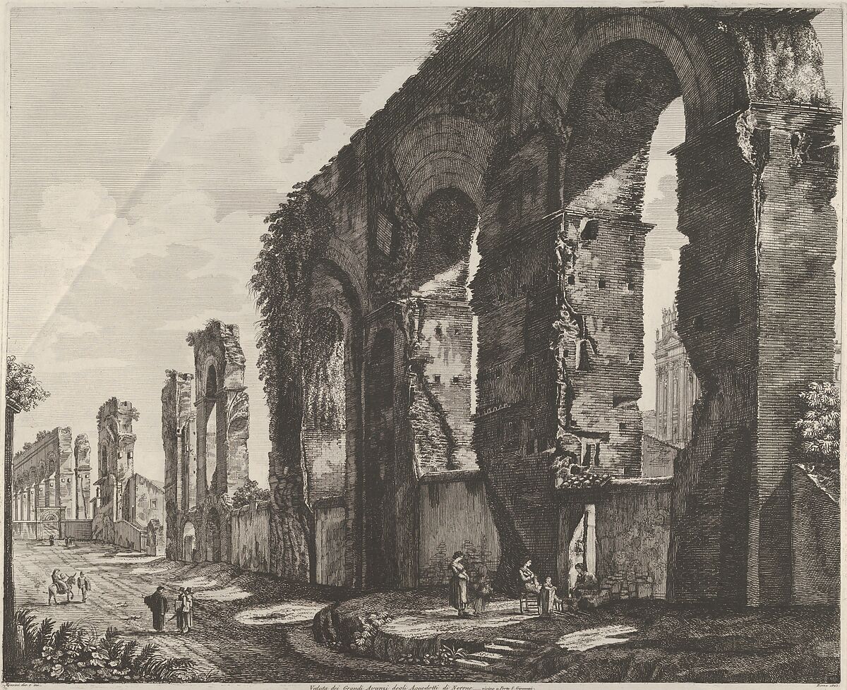 View of Nero's aqueduct, Rome, Luigi Rossini (Italian, Ravenna 1790–1857 Rome), Etching 