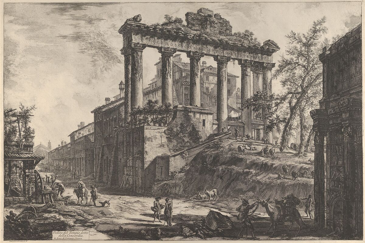 View of the so-called Temple of Concord with the Temple of Saturn, on the right the Arch of Septimius Severus, Giovanni Battista Piranesi (Italian, Mogliano Veneto 1720–1778 Rome), Etching 
