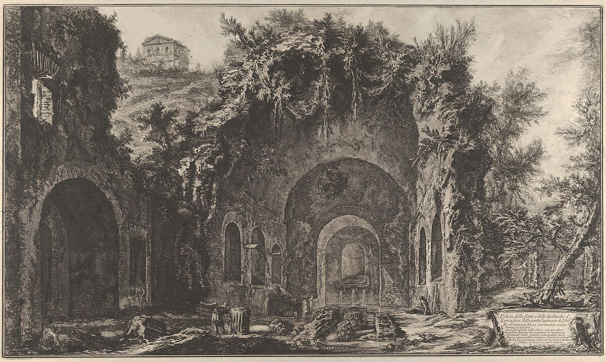 View of the fountainhead and the Grotto of Egiria outside the Porta Capena, Giovanni Battista Piranesi (Italian, Mogliano Veneto 1720–1778 Rome), Etching; second state of five 