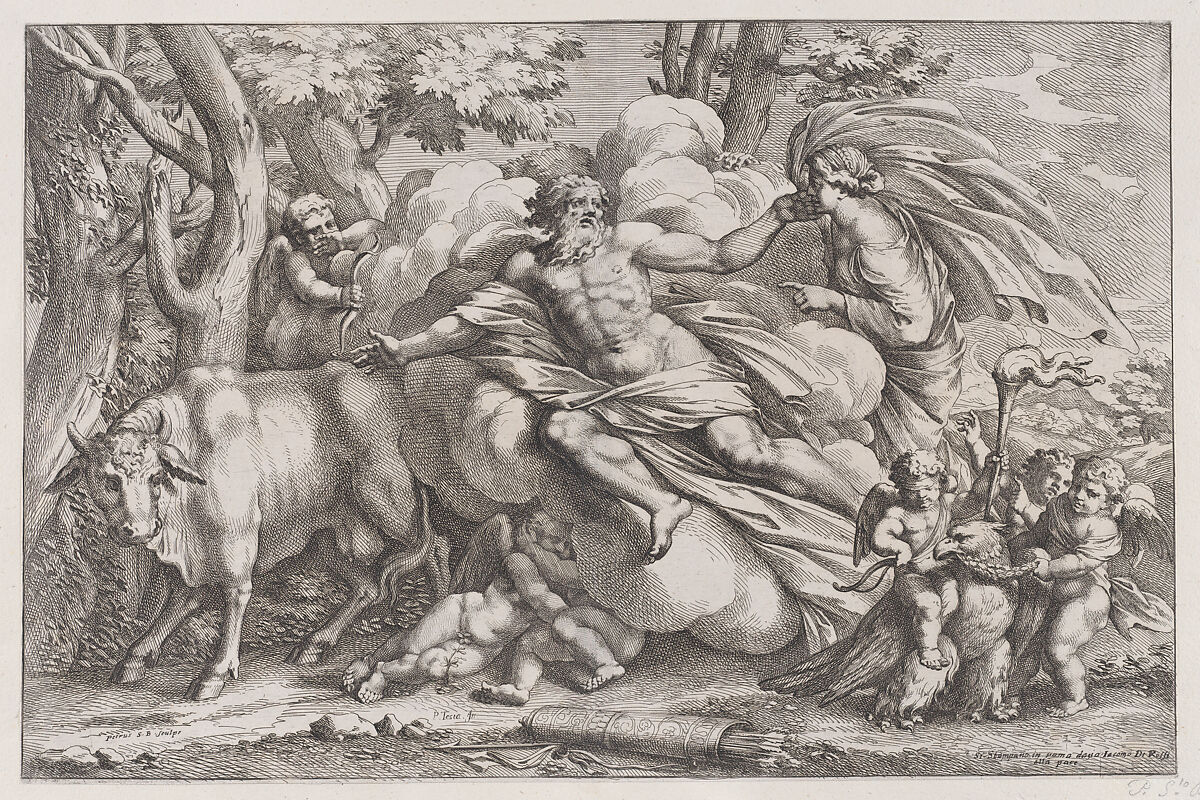 Io at the left as a cow, Jupiter on a cloud in the centre and Juno at the right with putti holding an eagle captive in the lower right, Pietro Santi Bartoli (Italian, Perugia 1615–1700 Rome), Etching 