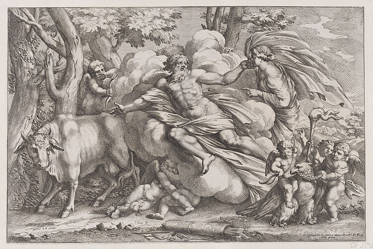 Io at the left as a cow, Jupiter on a cloud in the centre and Juno at the right with putti holding an eagle captive in the lower right