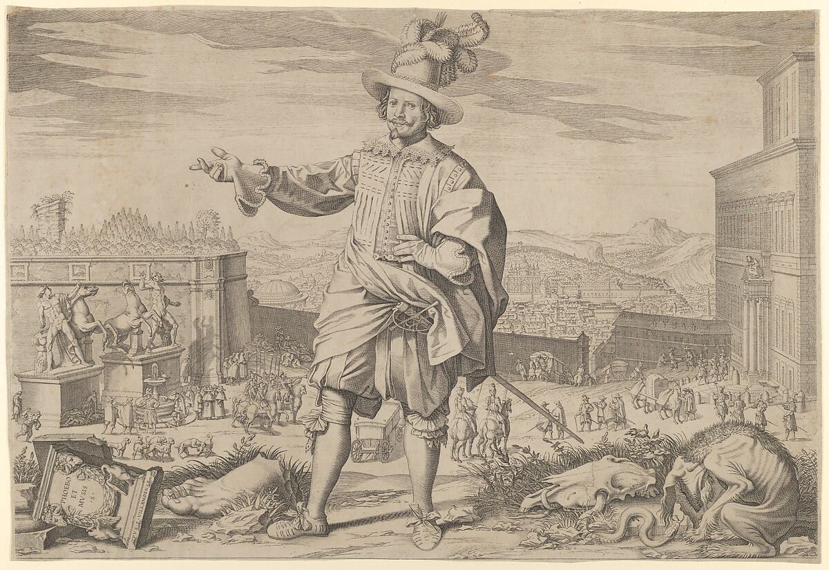 Portrait of Ioannes Altus (Johann Alten), of the Swiss Guard, standing by the Quirinal and pointing out the antiquities of Rome, Francesco Villamena (Italian, Assisi ca. 1565–1624 Rome), Etching; first state of two 