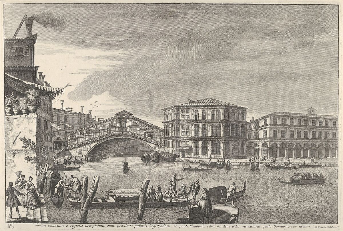 Plate 9: the bridge and market of the Rialto, Venice, from 'Views of Venice' (Magnificentiores Selectioresque Urbis Venetiarum Prospectus), Michele Marieschi (Italian, Venice 1710–1743 Venice), Etching; second state of four (Succi) 