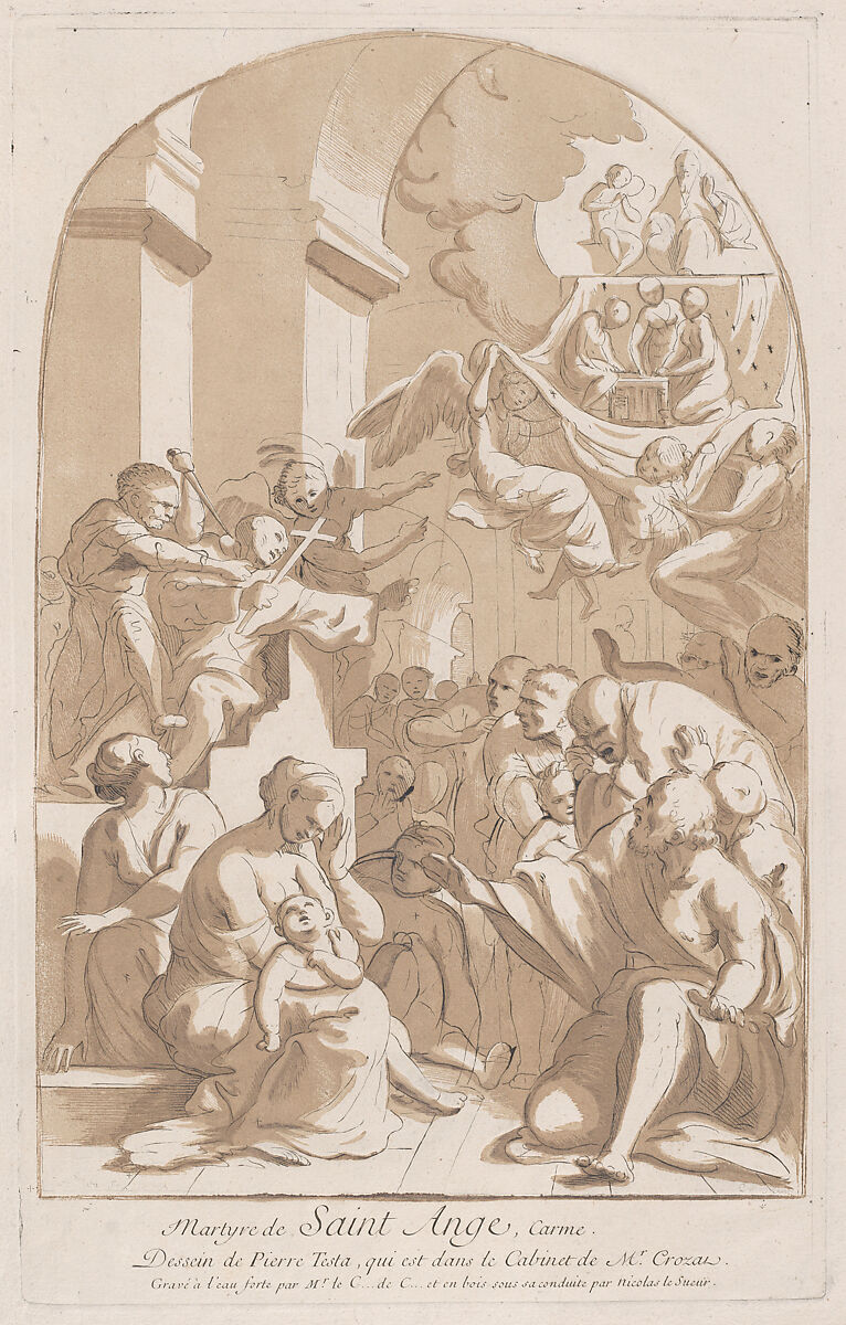 The martyrdom of Saint Angelo who in the upper left is being stabbed watched by horrified onlookers, from the 'Cabinet Crozat', Anne Claude Philippe de Tubières, comte de Caylus (French, Paris 1692–1765 Paris), Etching and aquatint imitating a chiaroscuro woodcut, printed in brown 