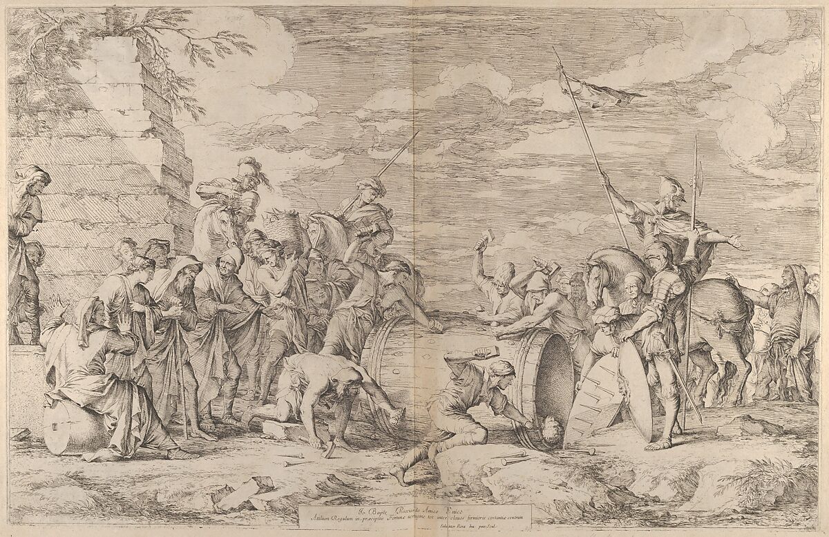 The death of Marcus Atilius Regulus, showng being nailed into a tub by the Carthaginians, Salvator Rosa (Italian, Arenella (Naples) 1615–1673 Rome), Etching 