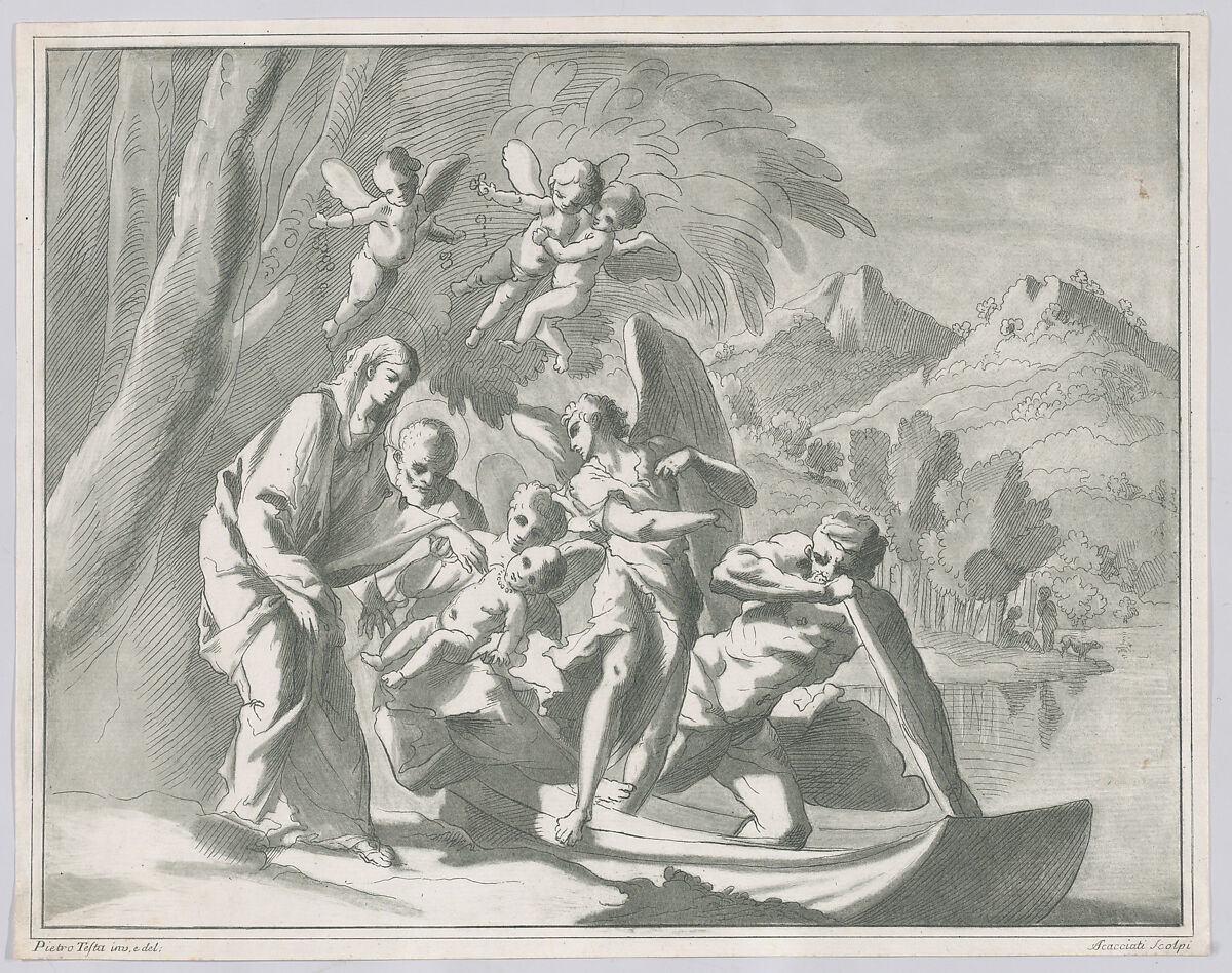 The rest on the flight into Egypt (from A Collection of Etchings and Engravings in Imitation of Drawings from Various Old Masters), Andrea Scacciati (Italian, 1725–1771), Etching and aquatint  imitating a chiaroscuro woodcut, printed in green 